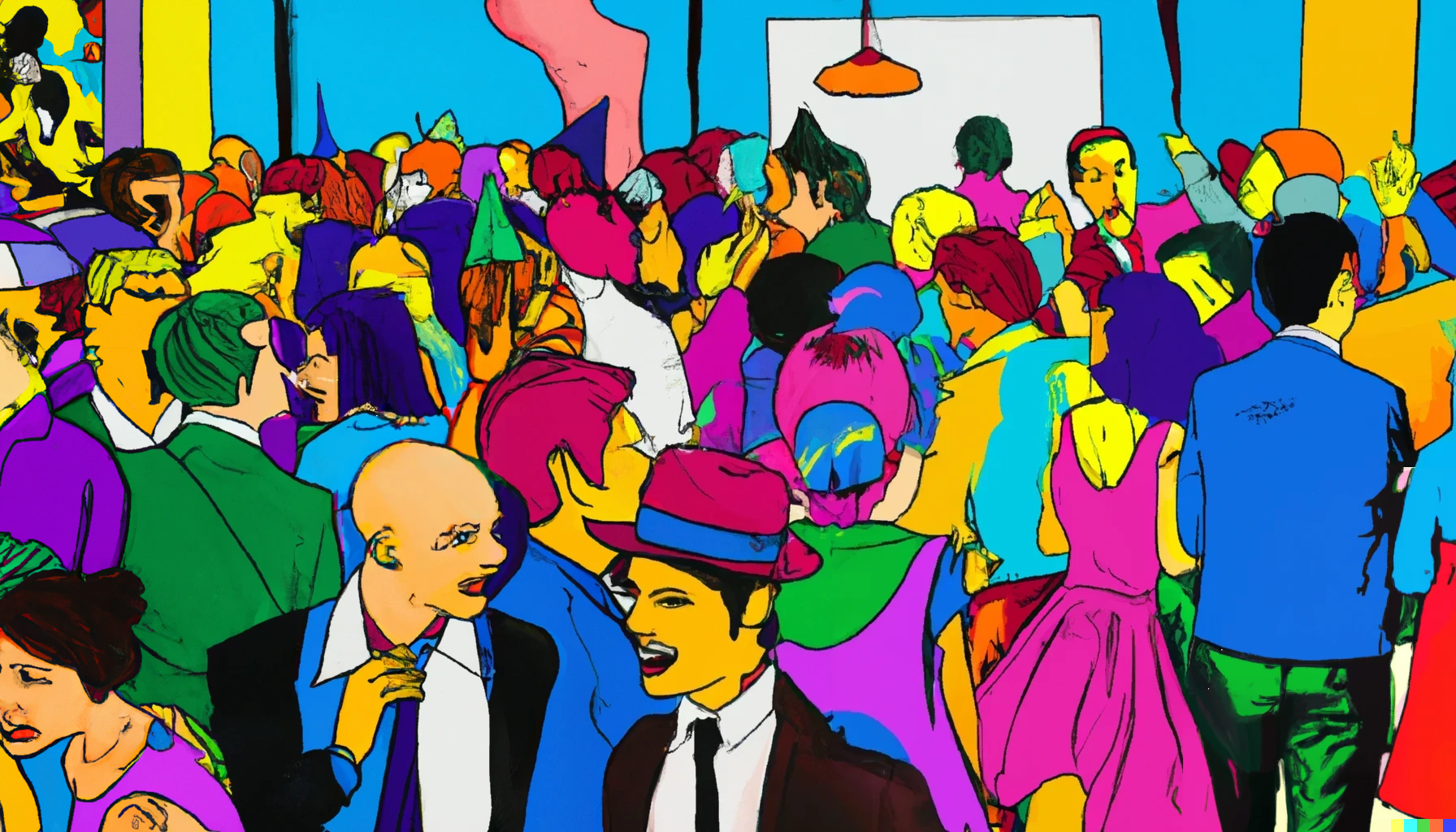 pop art painting of a crowded office party with many people