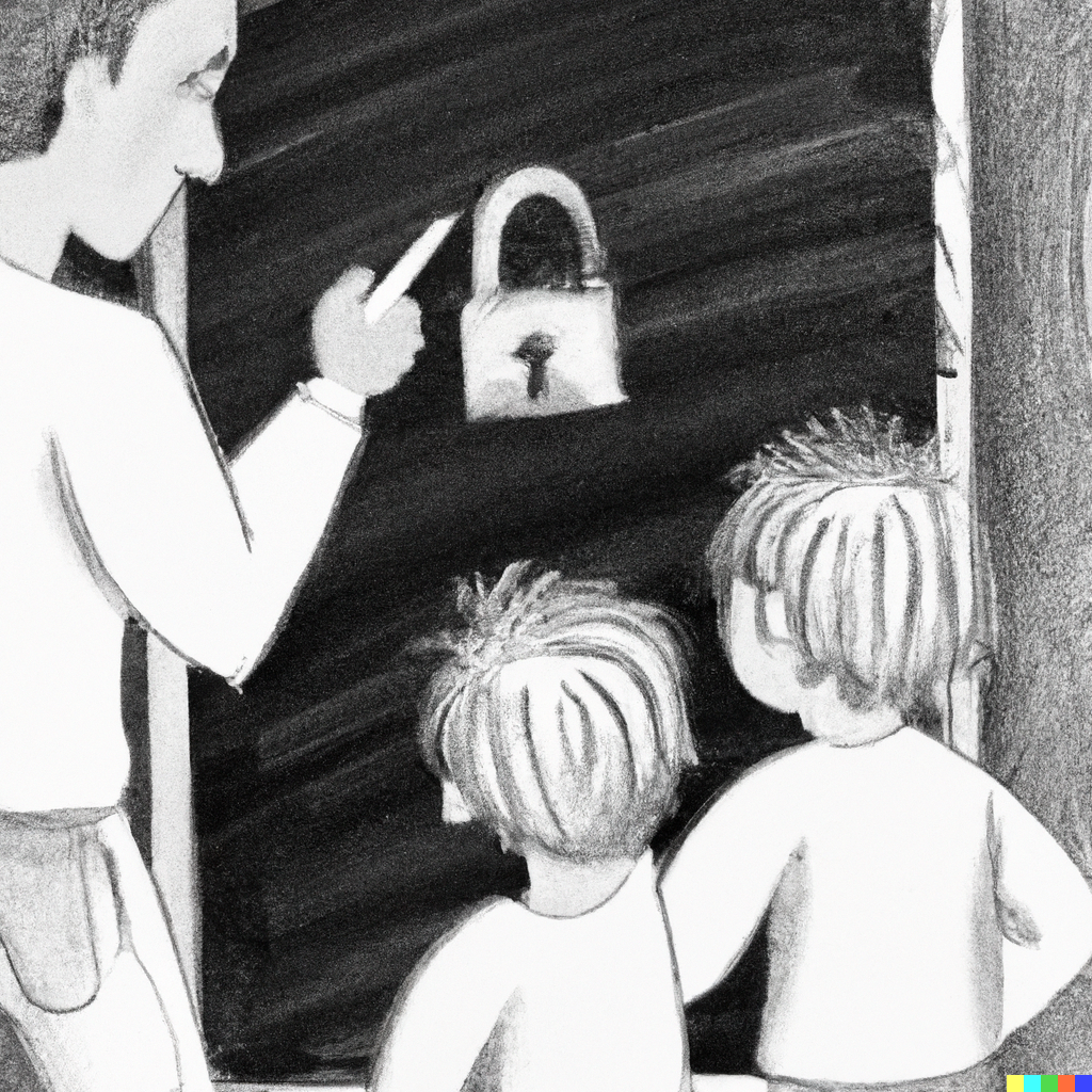 father pointing to a slate board with a lock drawn in chalk and his 2 twin sons looking at it, in black and white crayons