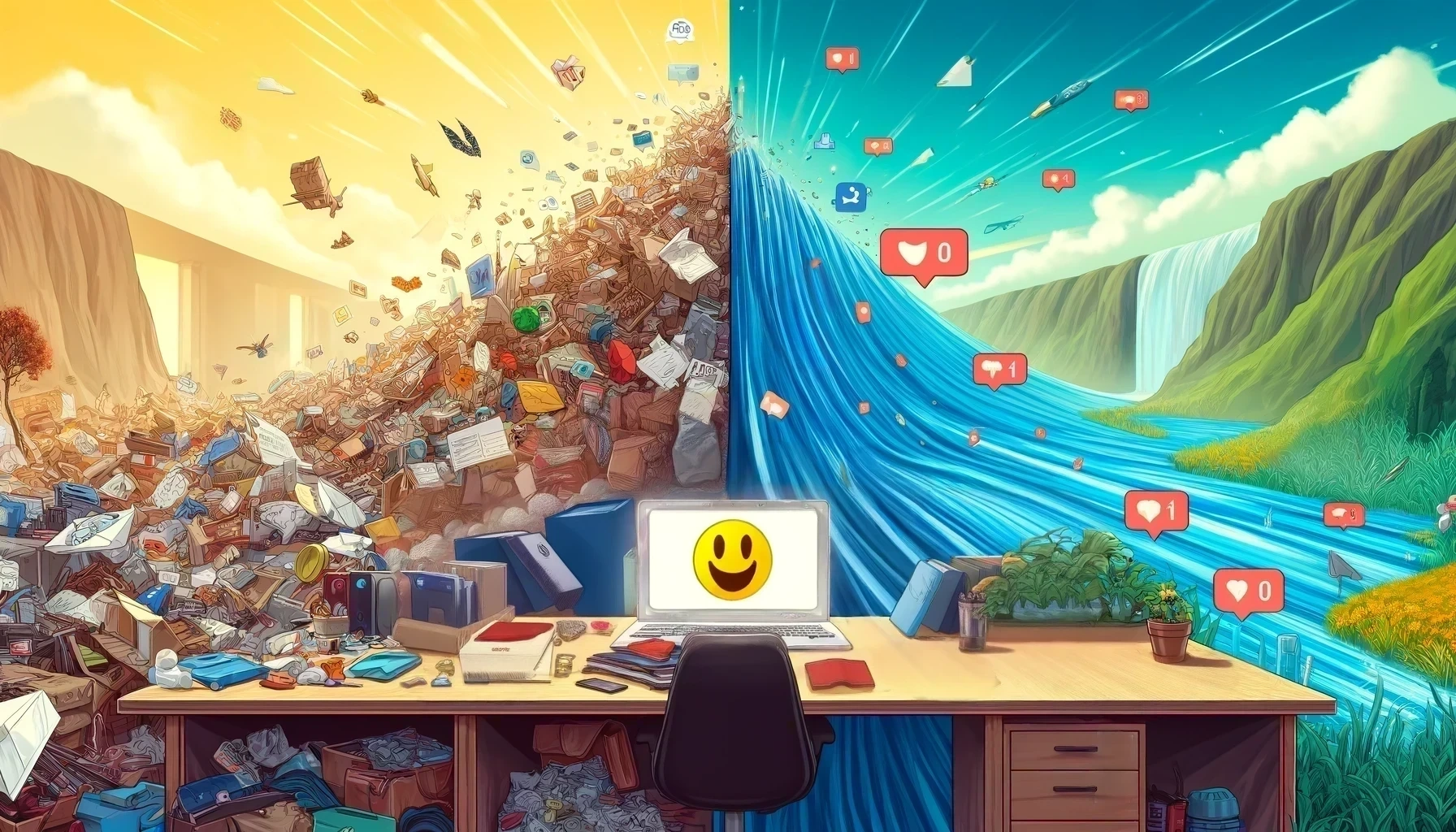 Illustration presenting a transformation from a chaotic, cluttered workspace to an organized, efficient one, depicted in a modern digital painting style. These visuals capture the theme of transitioning from an overwhelming flow of Slack notifications, represented by a garbage landfill, to a structured, clutter-free environment, represented by a river flow and green fields.