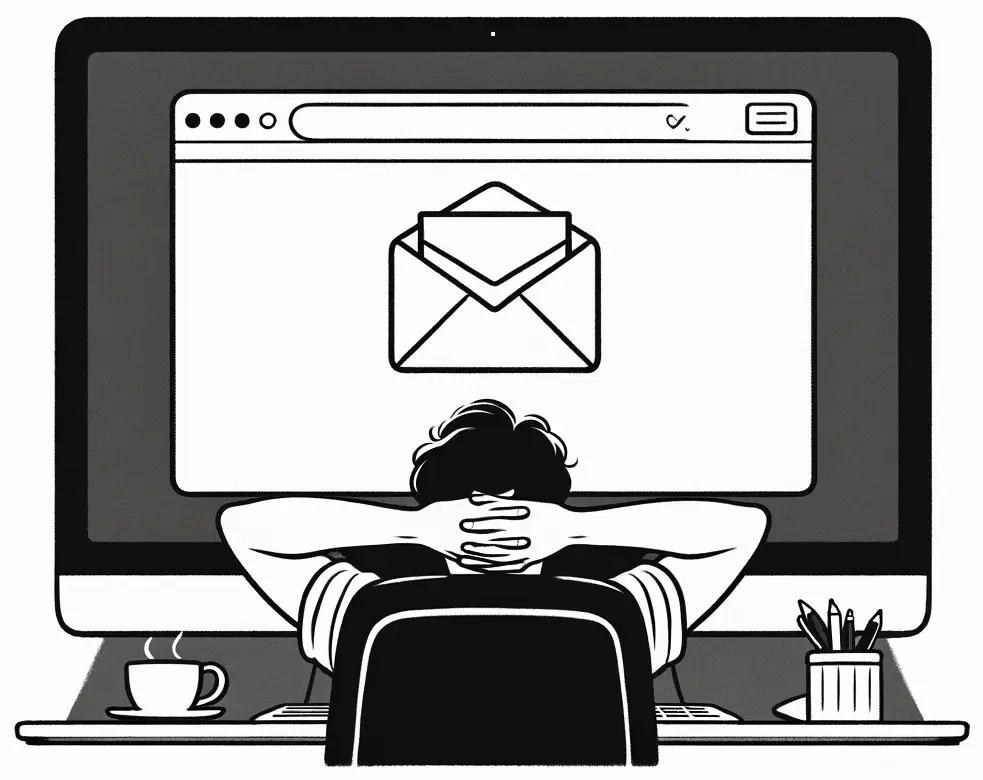 A minimalist black and white sketch illustrating the concept of 'Inbox Zero'. The image features a simple line drawing of an open, empty email inbox on a computer screen. Beside the screen, a content person is sitting, looking relaxed with hands behind their head, symbolizing satisfaction and relief.