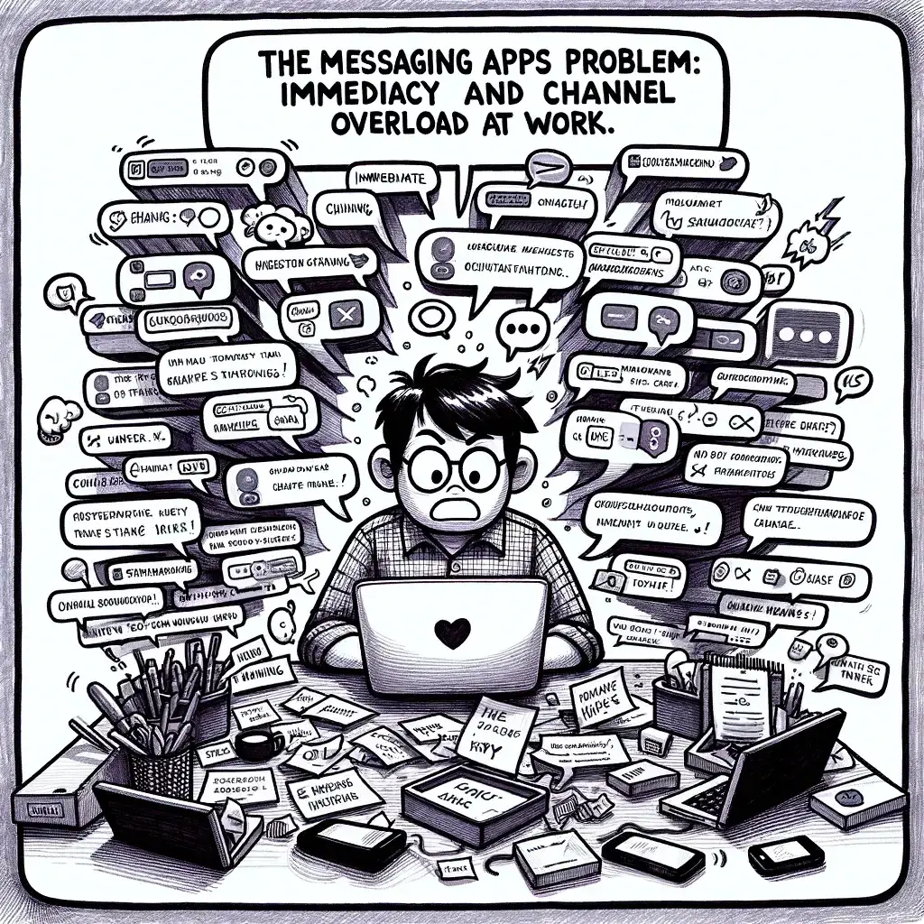 A cartoon-style sketch depicting a frustrated figure surrounded by numerous chat bubbles to represent the overwhelming flow of instant messages. The workspace around the figure appears cluttered with multiple papers, vibrating phones, laptops and gadgets.