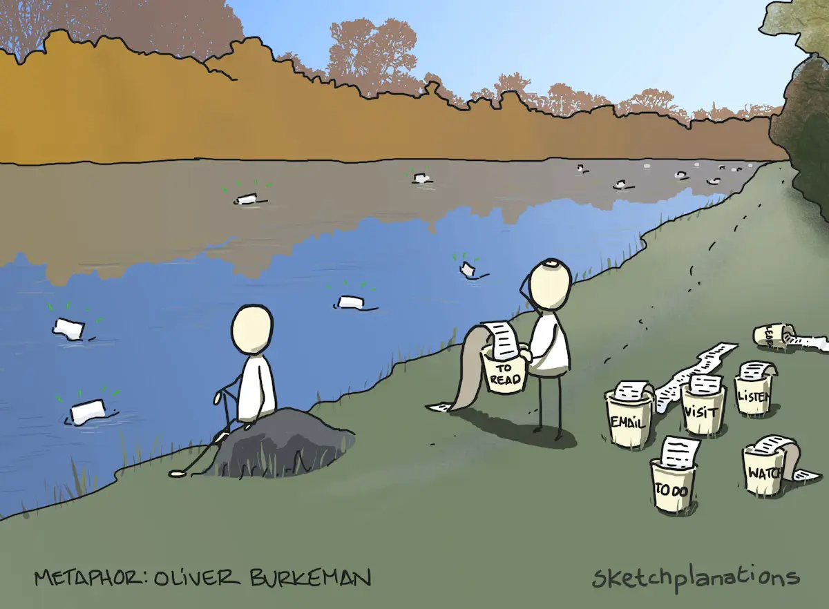 Illustration displaying two figures by a riverbank, metaphorizing information flow. One figure sits calmly on a rock, fishing in the river, while the other stands overwhelmed by multiple buckets labeled with tasks like 'To Read', 'Email', 'Visit', and 'Listen', suggesting the challenge of managing a constant stream of tasks and information.