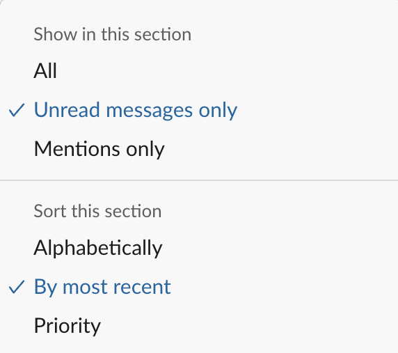Slack context menu displaying the “Show and sort” details of a sidebar section