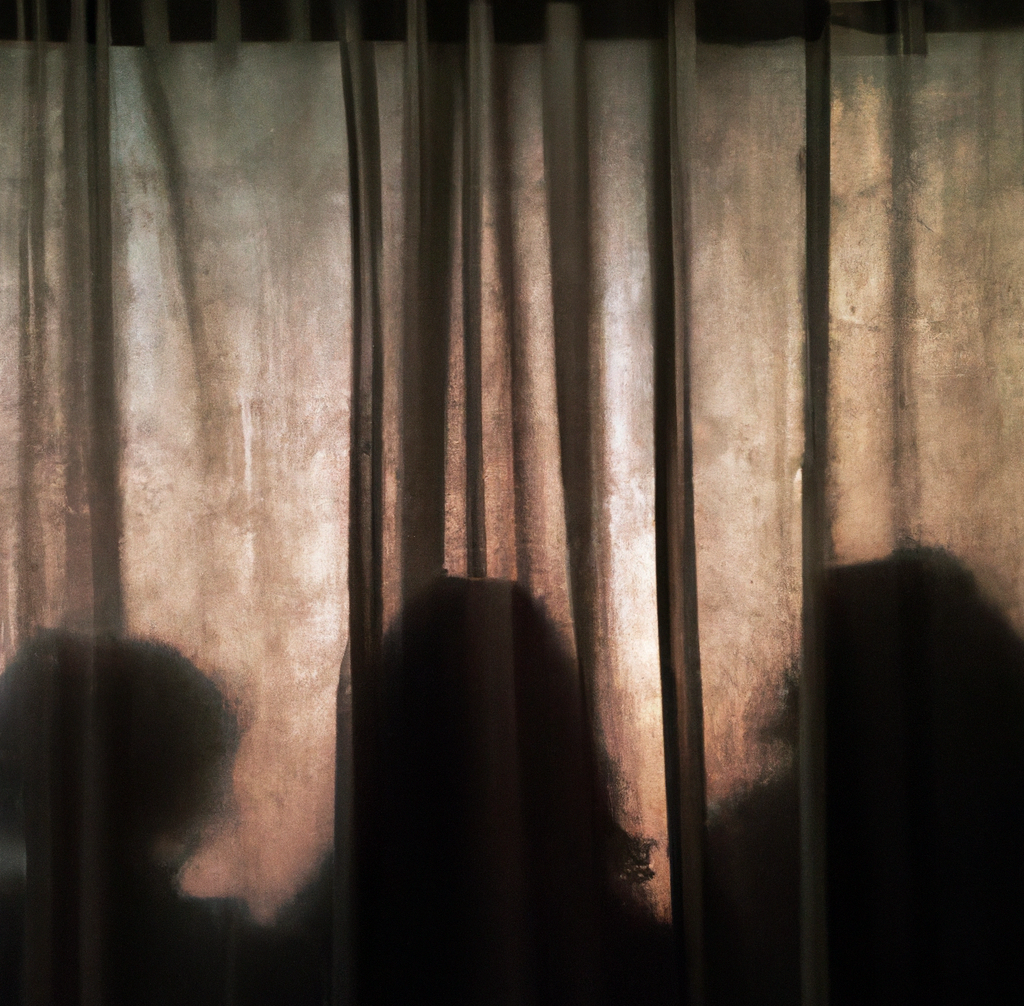AI generated photo of several silhouette shadows behind a curtain