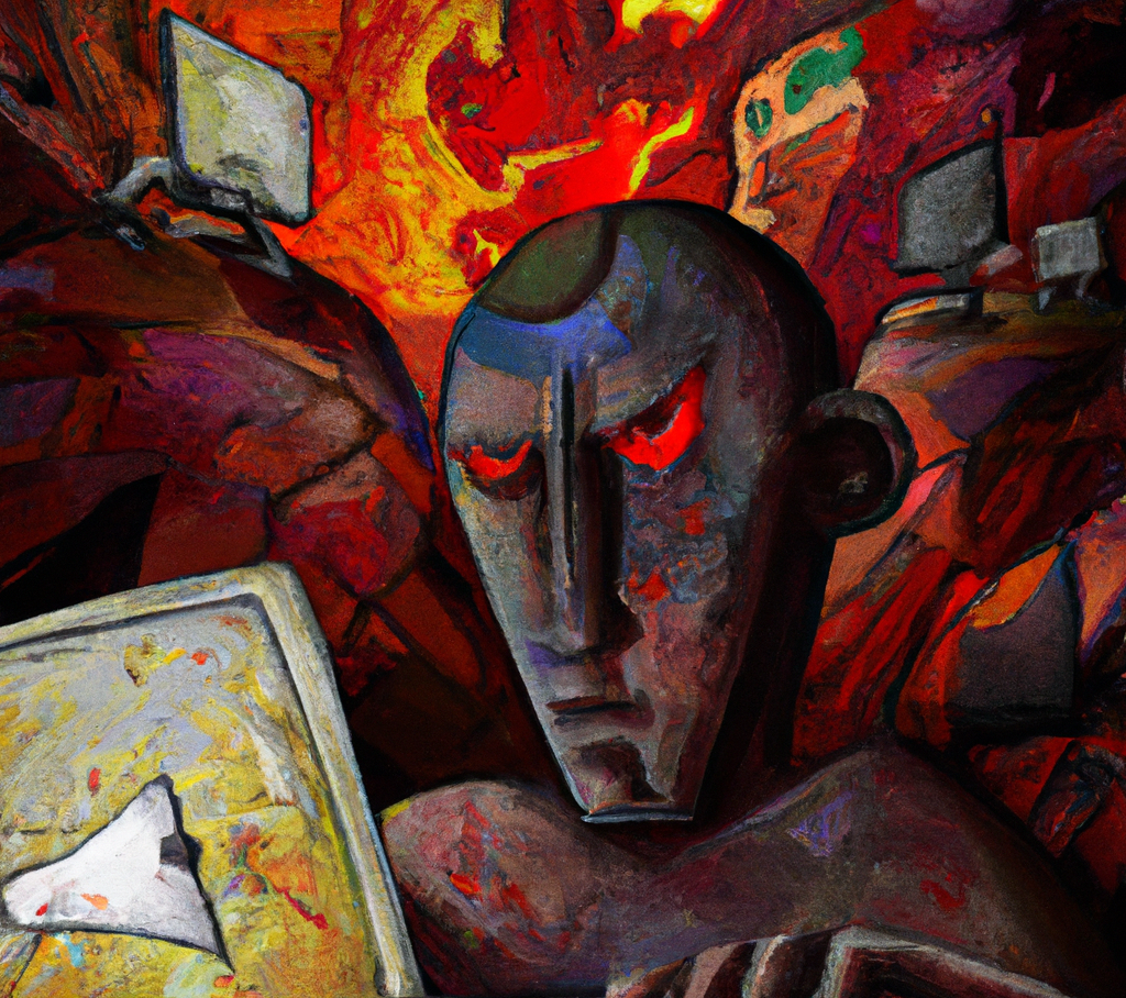cubism painting about a person with red eyes, working with their laptop in hell, looking upset